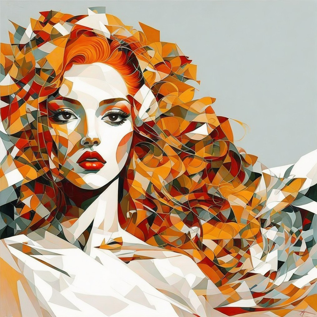 Stylized female figure with vibrant orange hair and patterns