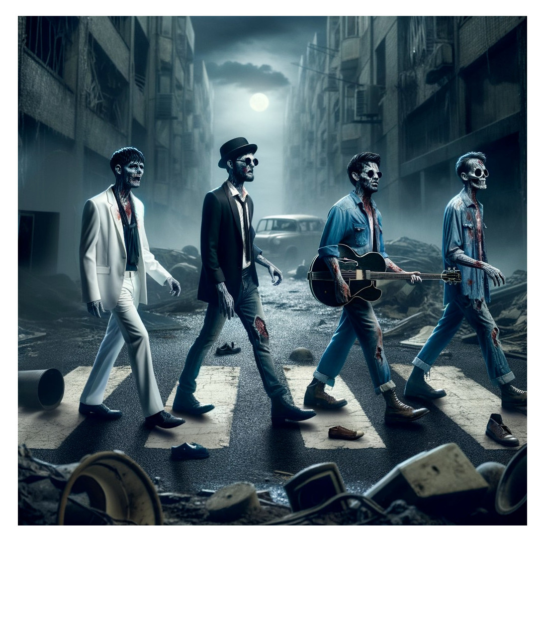 Skeletal Figures in Vintage Attire on Urban Street