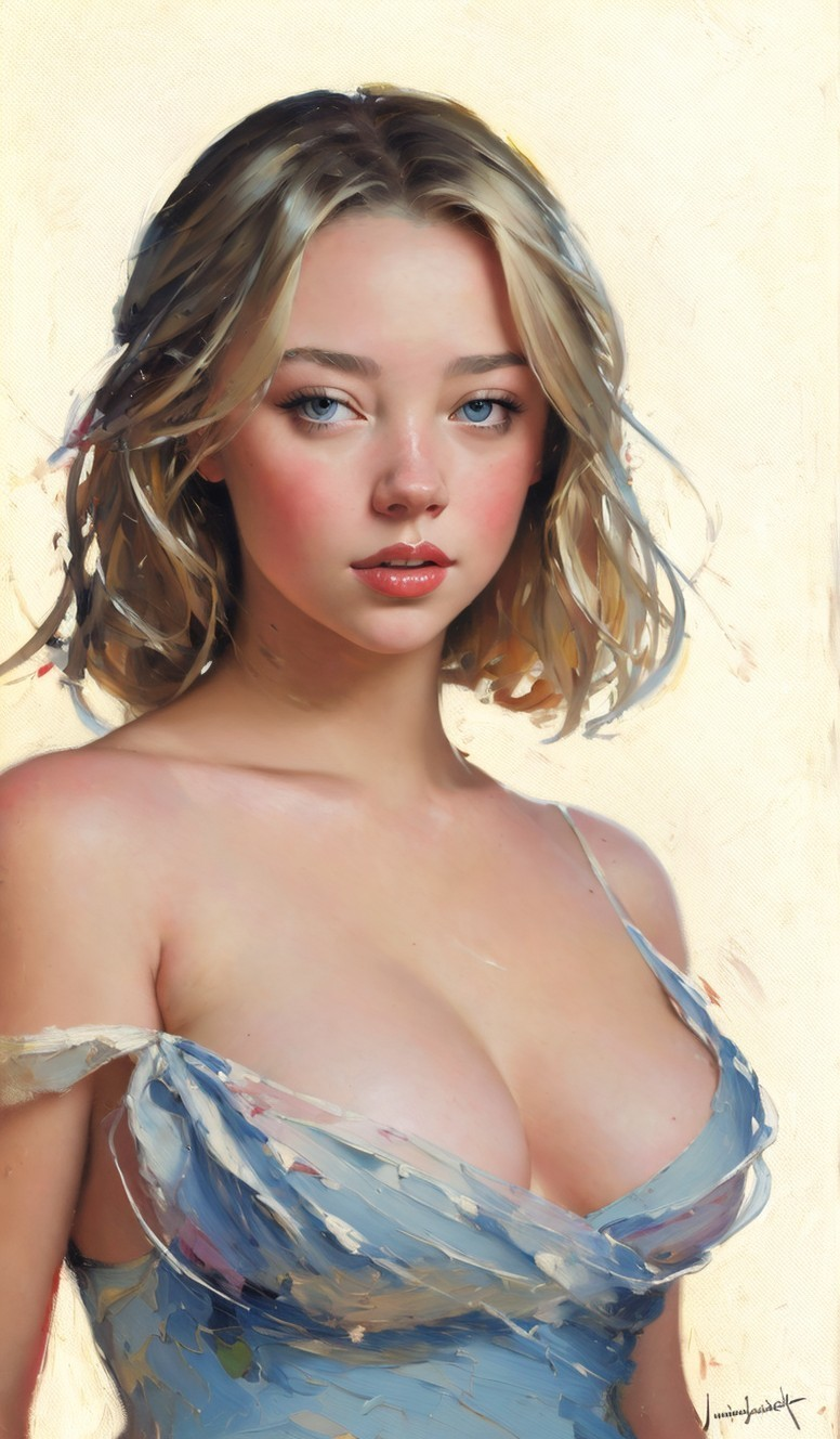 Portrait of a young woman in a blue dress with waves