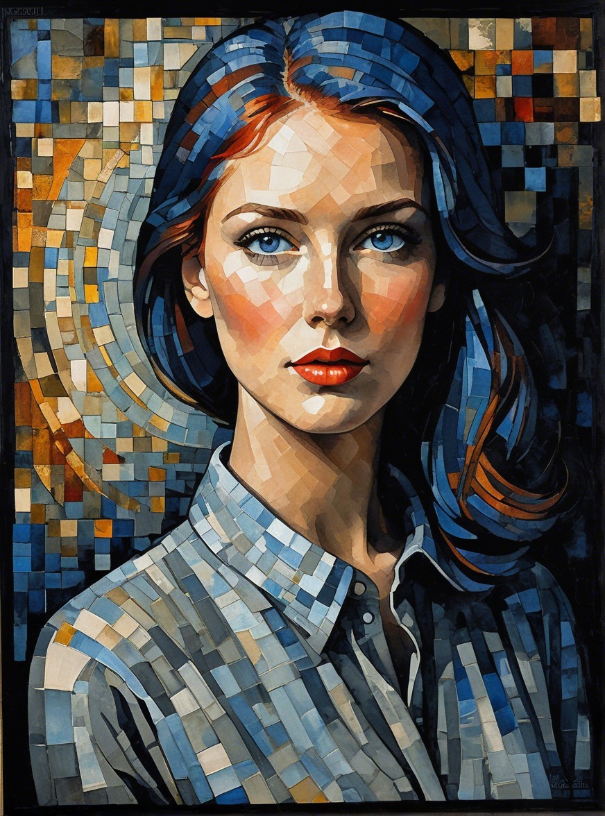 Mosaic Portrait of a Woman with Blue Eyes and Hair
