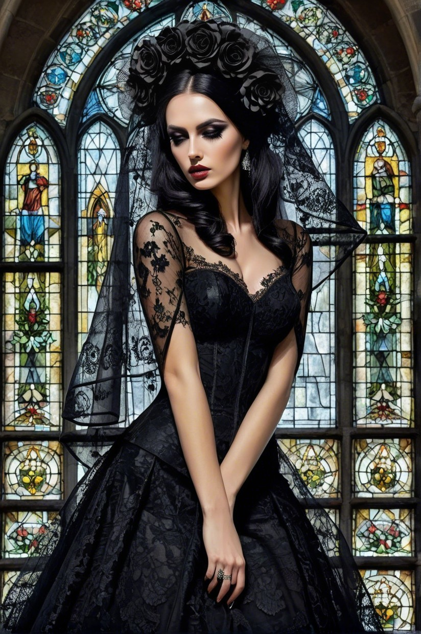 Elegant Woman in Black Gown with Stained Glass Backdrop
