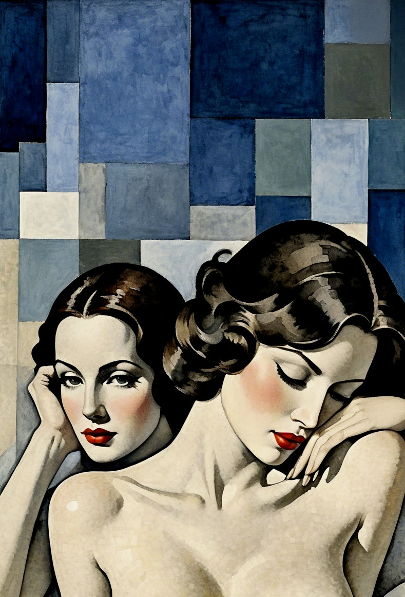 Art Deco Painting of Two Women with Geometric Background