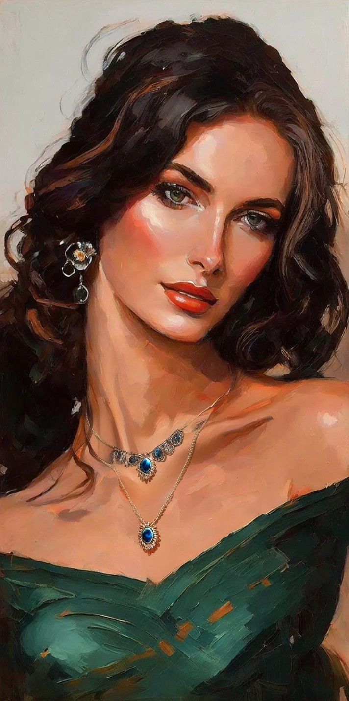 Portrait of a Woman in Emerald Dress with Jewelry