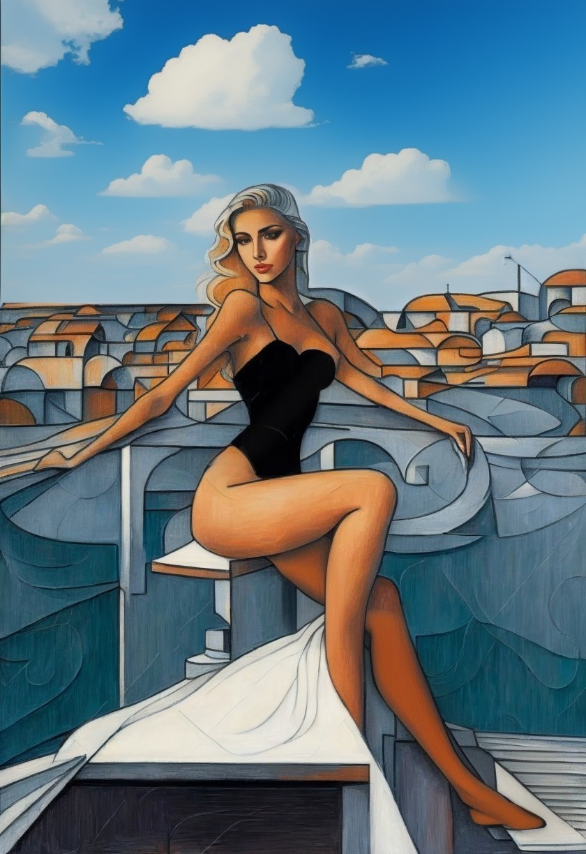 Stylized Female Figure in Black Swimsuit on Ledge