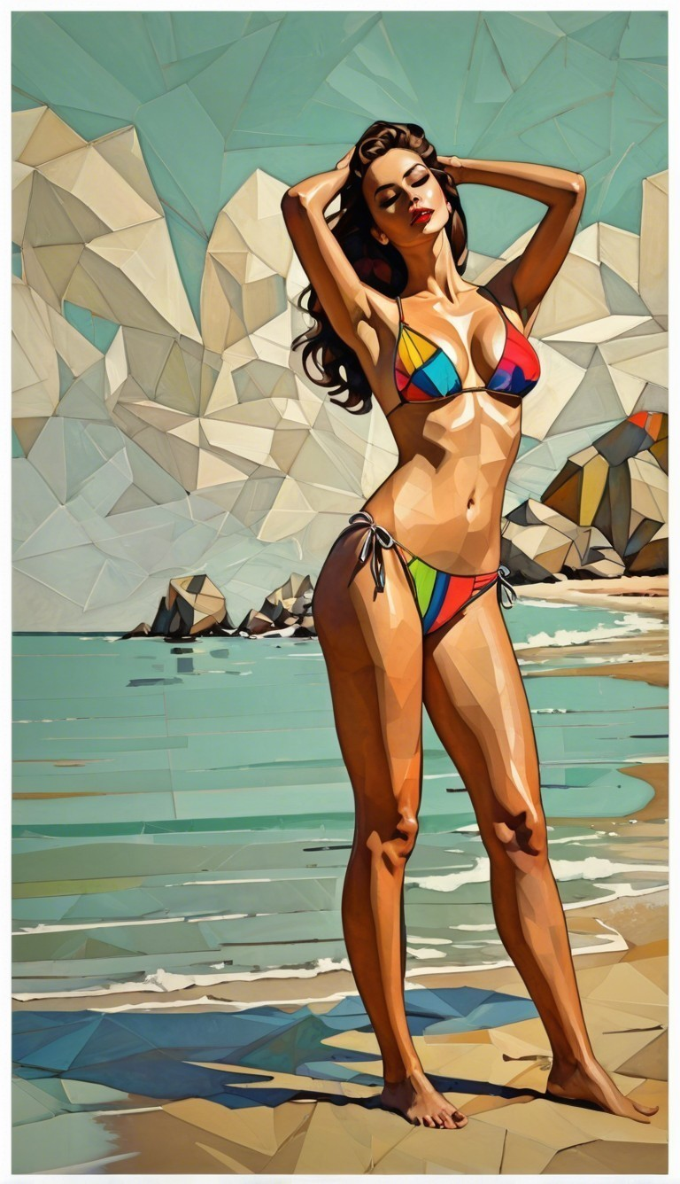 Geometric Art of Woman in Bikini on Beach Scene