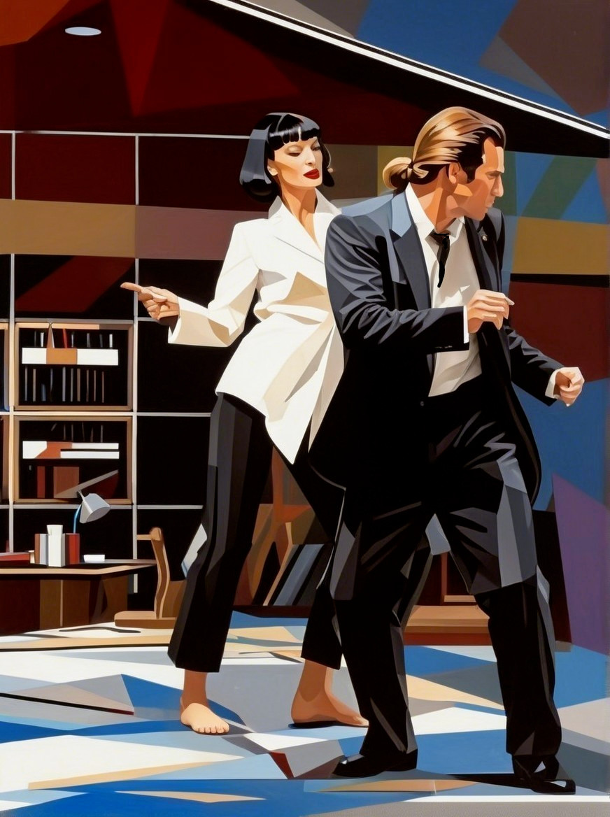 Geometric Illustration of Man and Woman in Modern Room