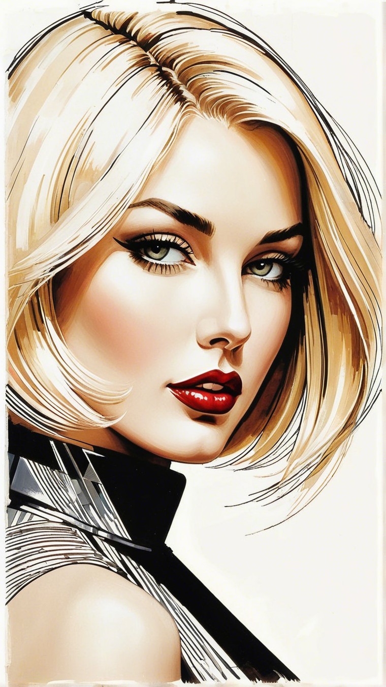 Portrait of a Woman with Blonde Bob and Red Lips