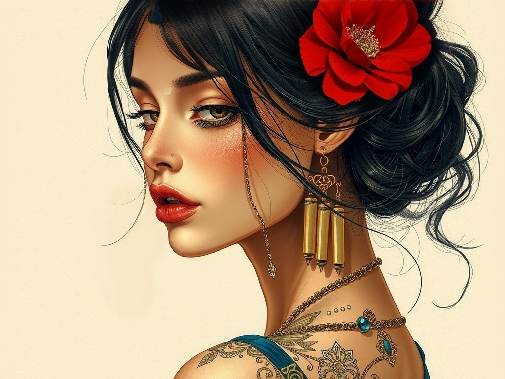 Portrait of a Woman with Dark Hair and Bold Makeup