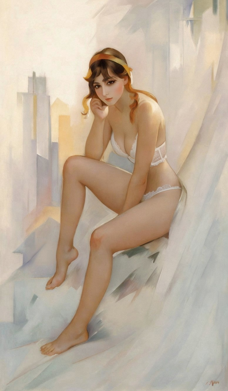 Stylized Painting of Elegant Woman with Urban Elements