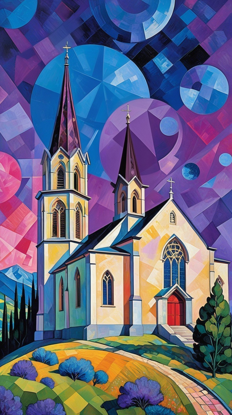 Cubist Painting of a Church on a Colorful Hill