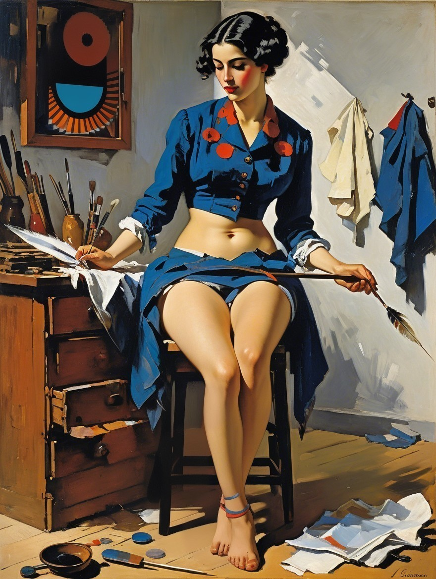 Woman in Blue Outfit in Artist's Studio Setting
