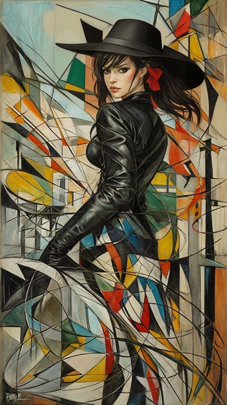 Striking Woman in Leather Jacket with Abstract Background