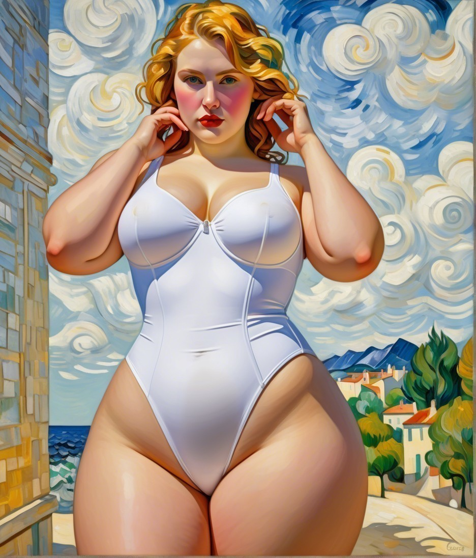 Curvy Figure in White Swimsuit Against Coastal Scene