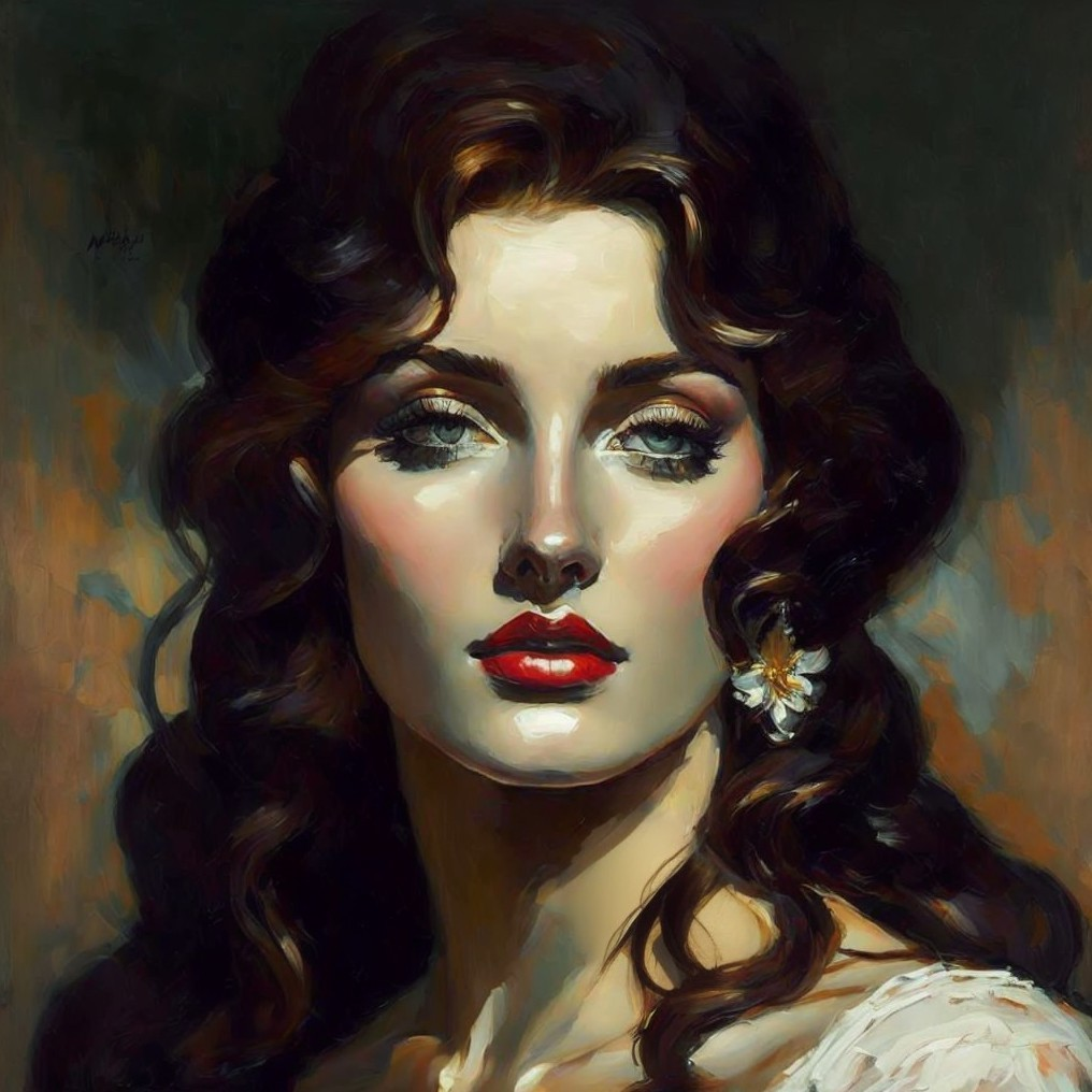 Portrait of a Woman with Brown Hair and Red Lips