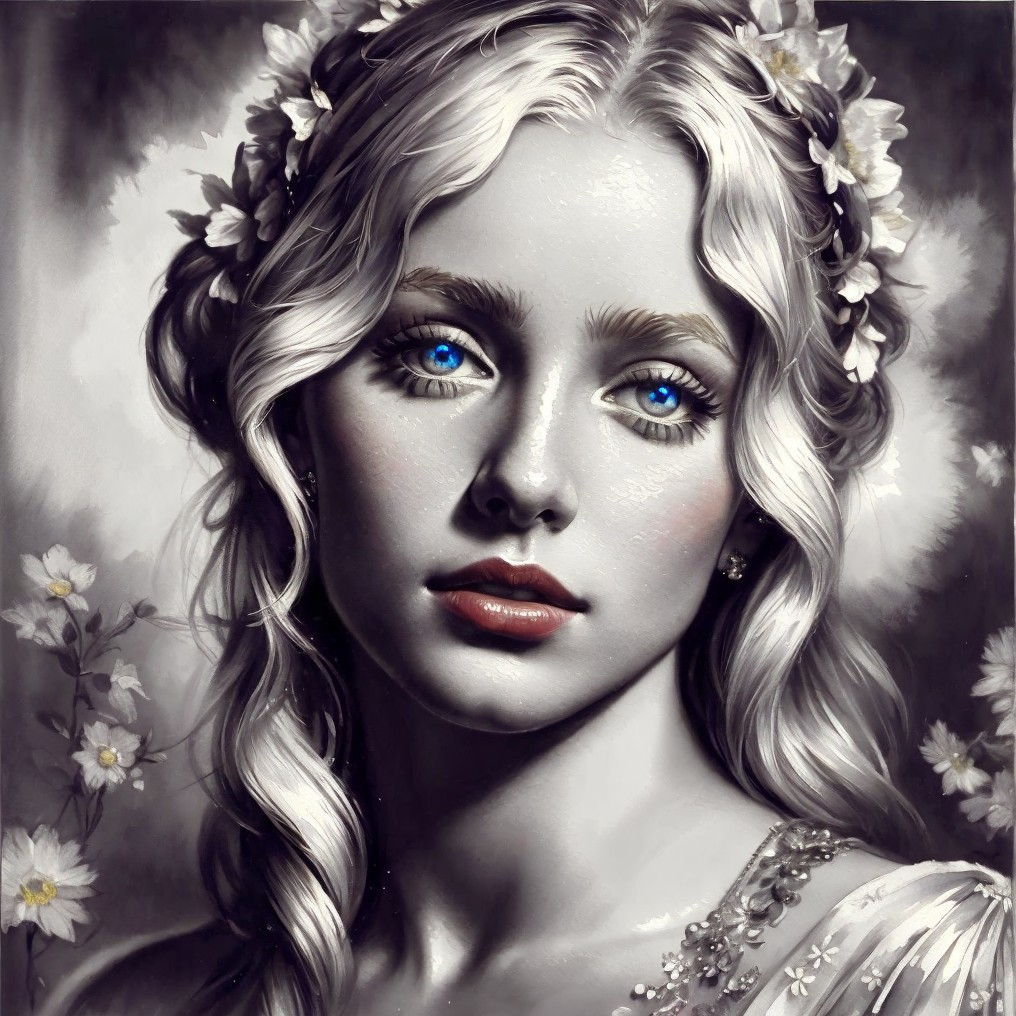 Black-and-White Portrait of a Young Woman with Flowers