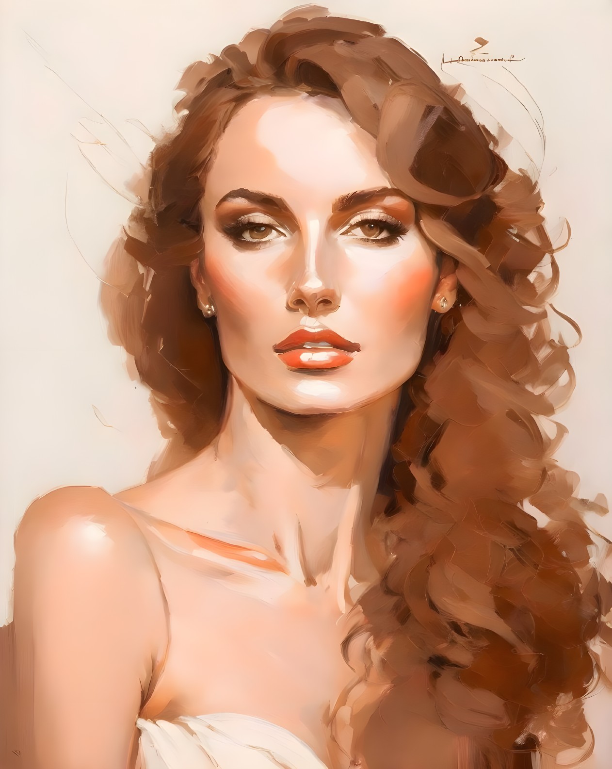 Woman with Flowing Curly Hair and Intense Gaze: Elegant and Confident Portrait