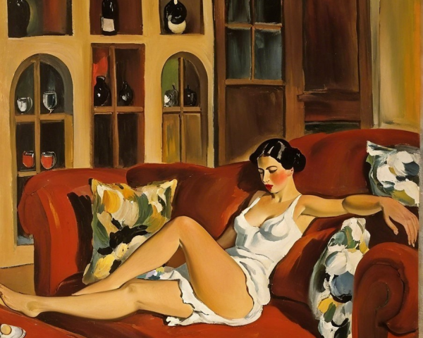 Vibrant Oil Painting of Woman on Red Sofa