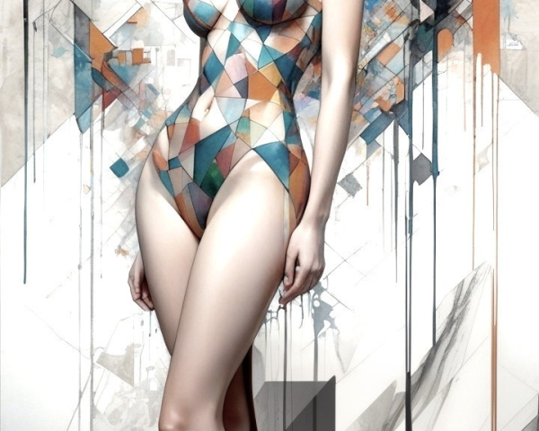 Geometric Bodysuit with Abstract Colorful Backdrop