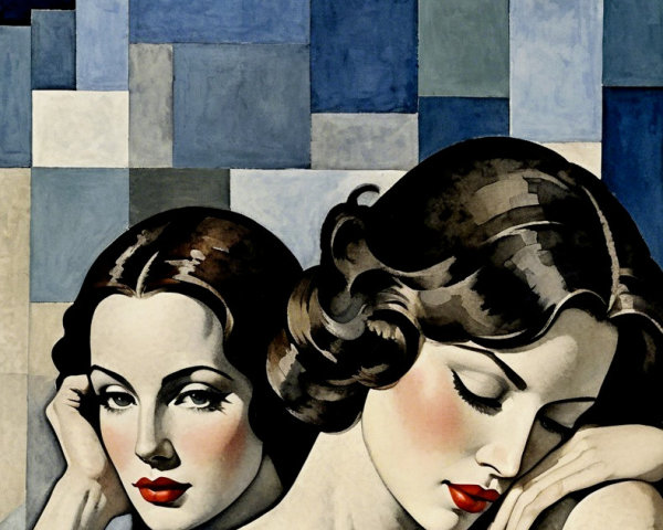 Art Deco Painting of Two Women with Geometric Background