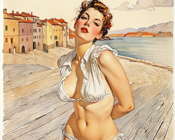 Vintage Illustration of Young Woman on Seaside Boardwalk