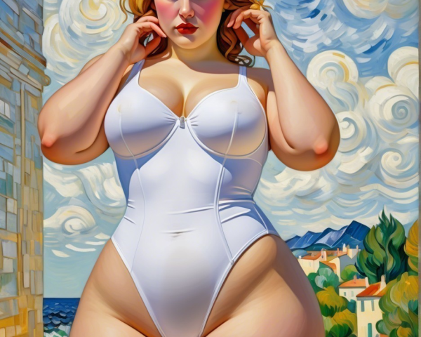 Curvy Figure in White Swimsuit Against Coastal Scene
