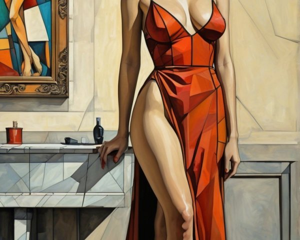 Woman in Red Gown Against Abstract Art Background