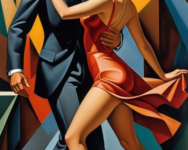 Vibrant Painting of a Romantic Couple Dancing Closely