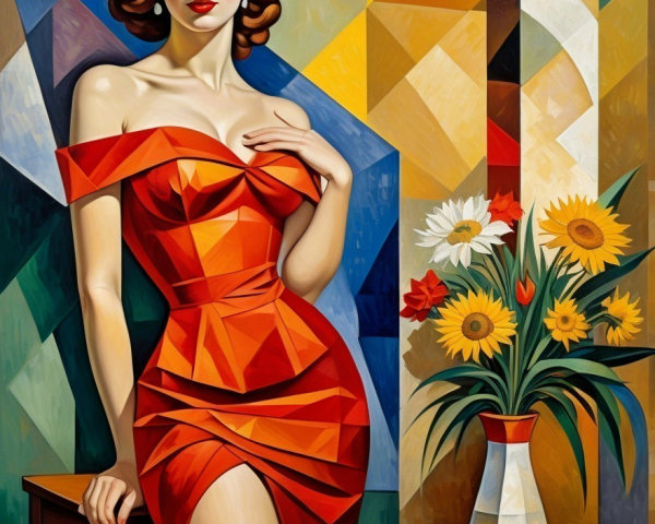 Glamorous Woman in Red Dress with Vibrant Flowers