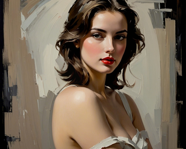 Portrait of a Young Woman with Wavy Hair and Red Lips