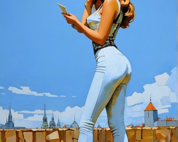 Stylish woman in white jumpsuit against blue sky