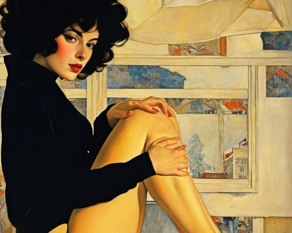 Young Woman Seated by Window with Urban Landscape