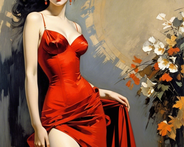 Glamorous Woman in Red Dress with Elegant Backdrop