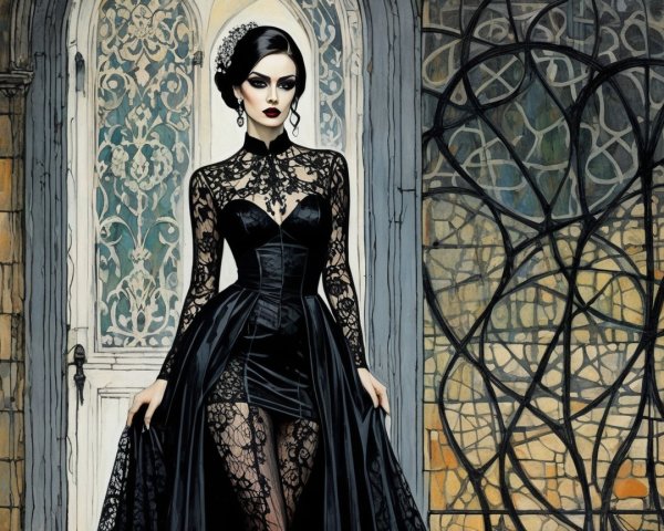Elegant figure in black gown amidst stained glass backdrop
