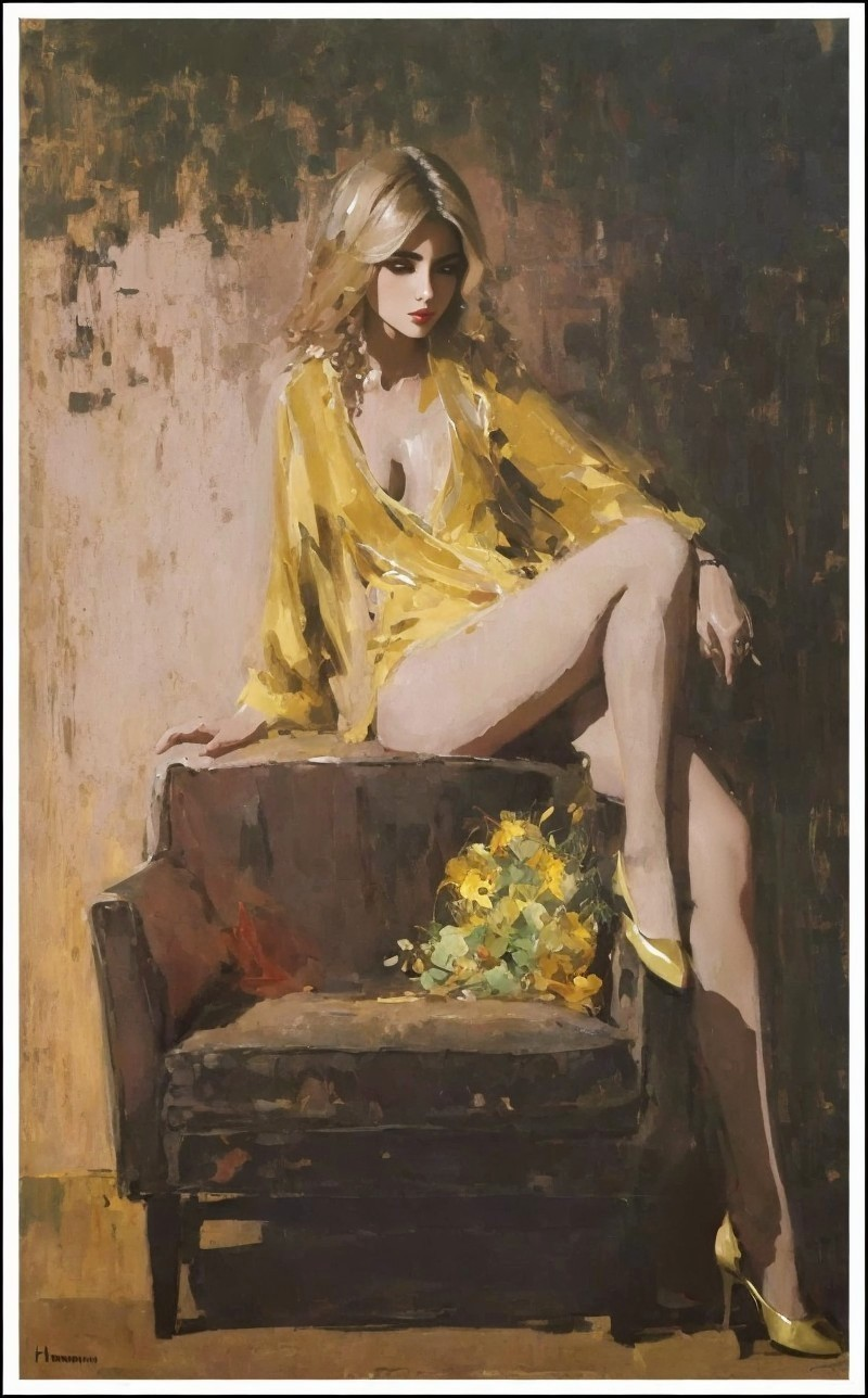 Elegant Woman in Yellow Outfit Seated on Armchair
