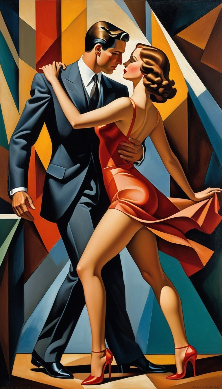 Vibrant Painting of a Romantic Couple Dancing Closely
