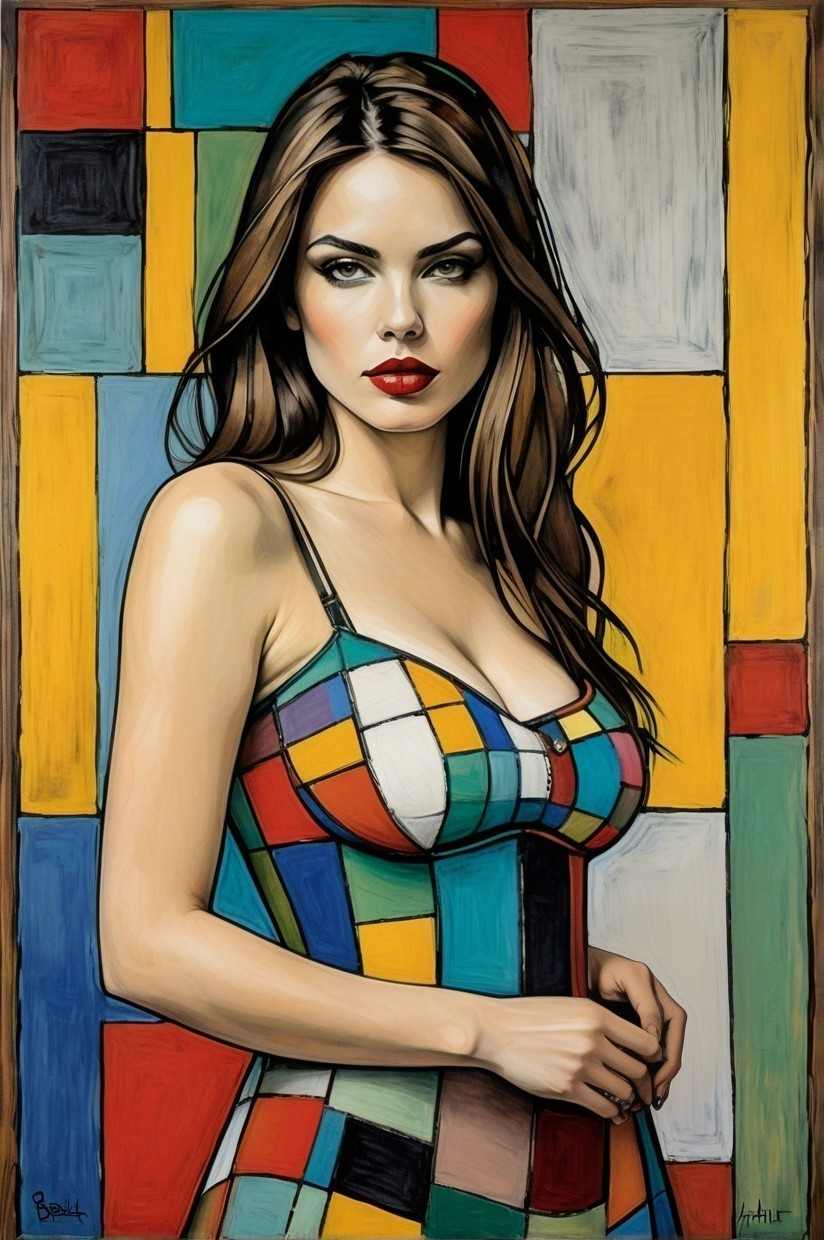 Portrait of a woman in a vibrant patchwork dress