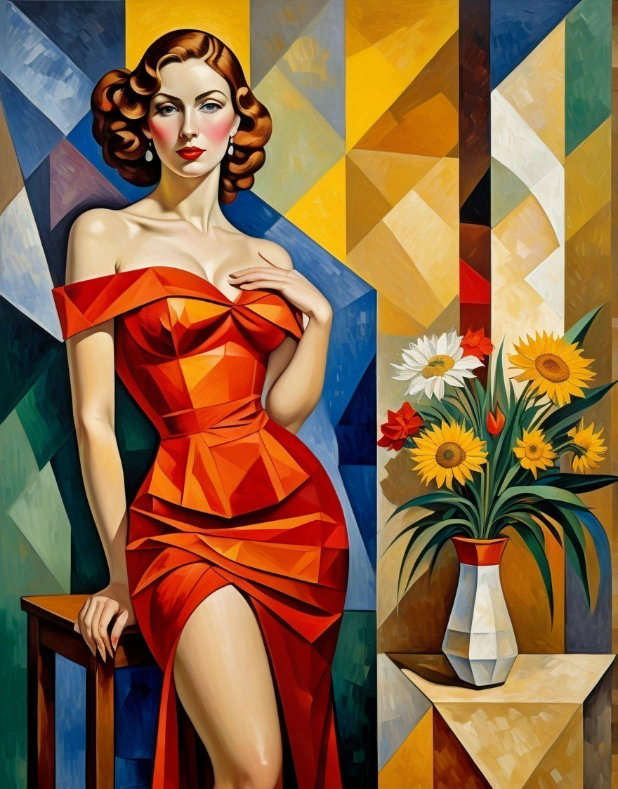 Glamorous Woman in Red Dress with Vibrant Flowers