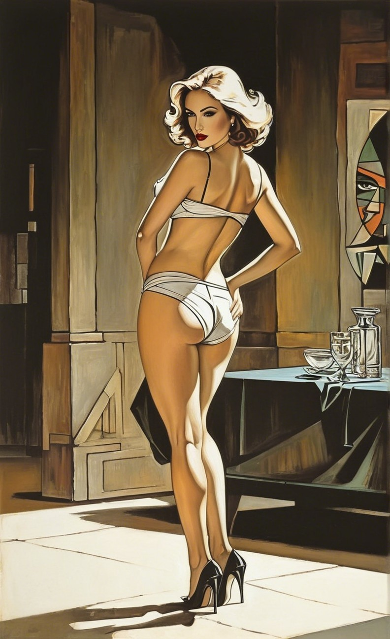 Stylized Illustration of Retro Glamour in Lingerie