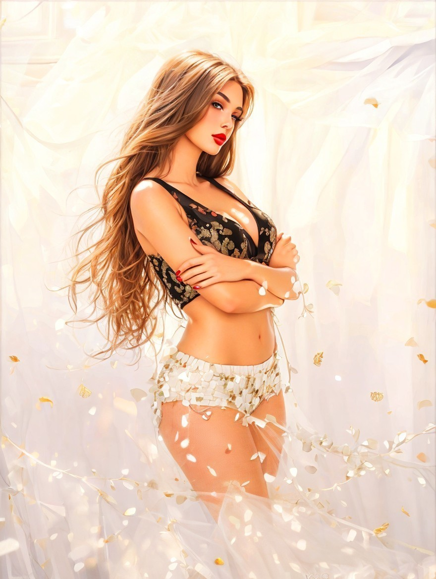 Graceful figure in flowing fabrics with golden patterns