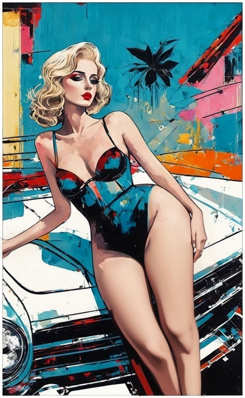 Colorful Artwork of Stylish Woman in Vintage Swimsuit