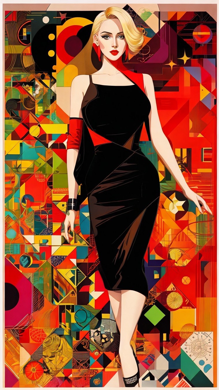Elegant figure in black dress with geometric backdrop
