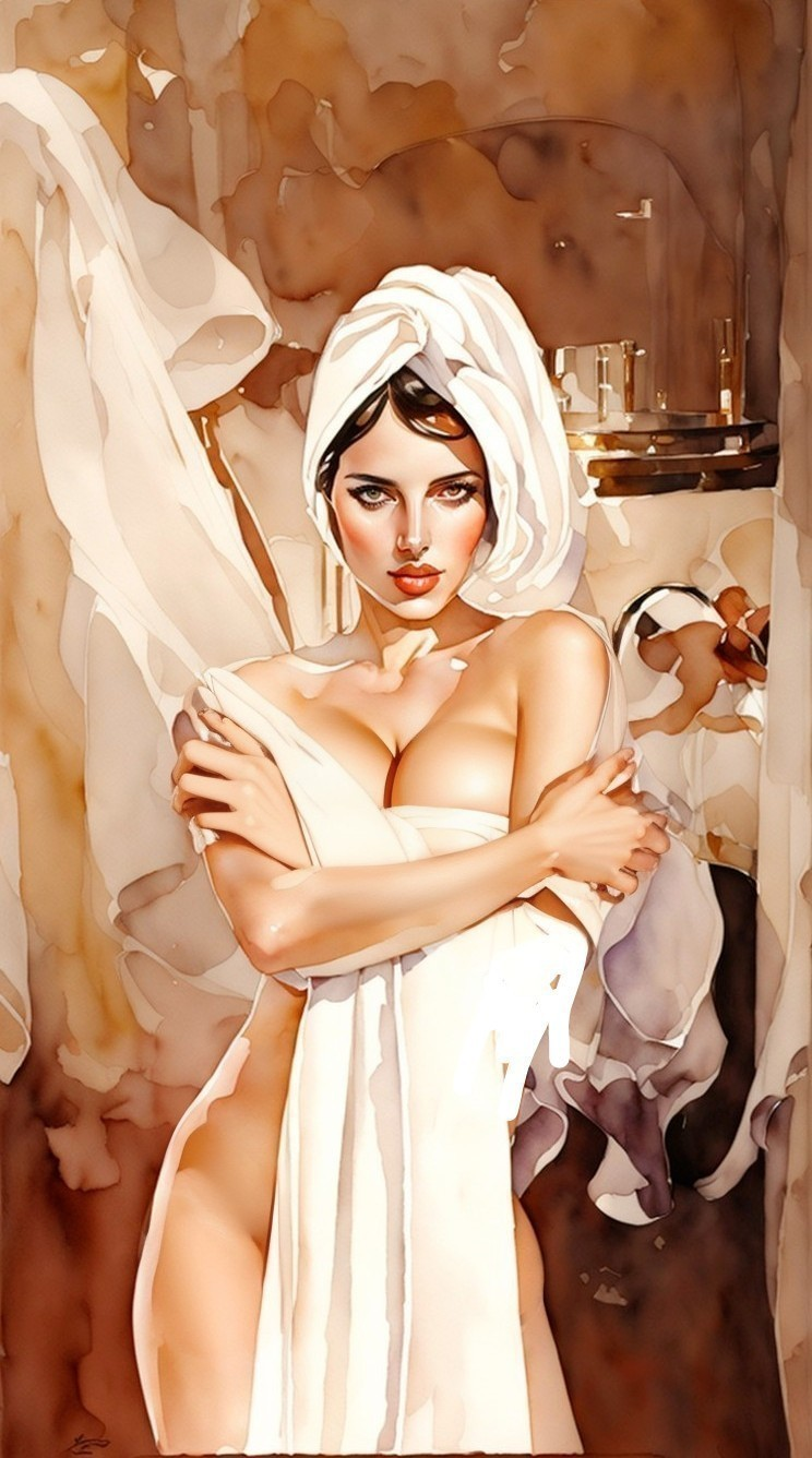 Watercolor Illustration of Elegant Woman in Towel
