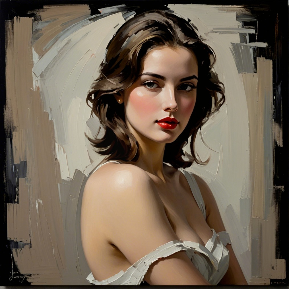Portrait of a Young Woman with Wavy Hair and Red Lips