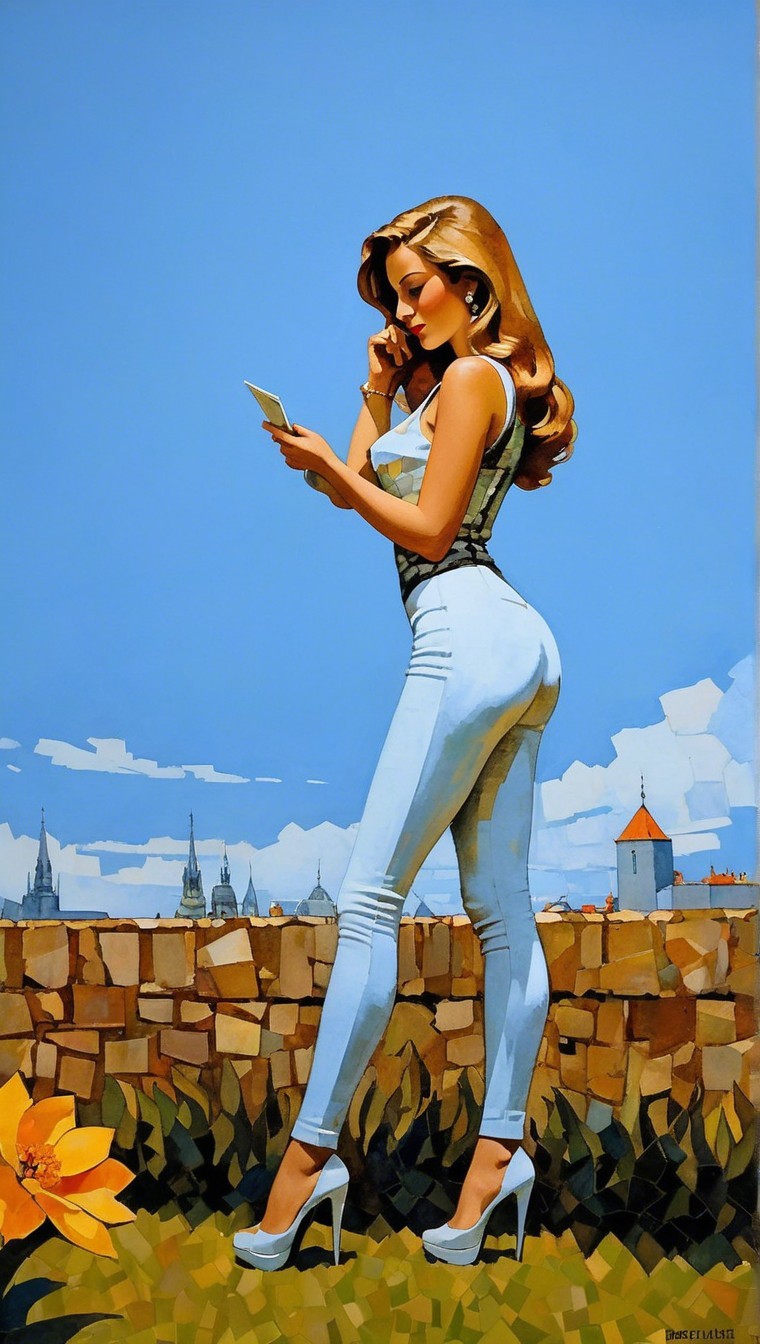 Stylish woman in white jumpsuit against blue sky