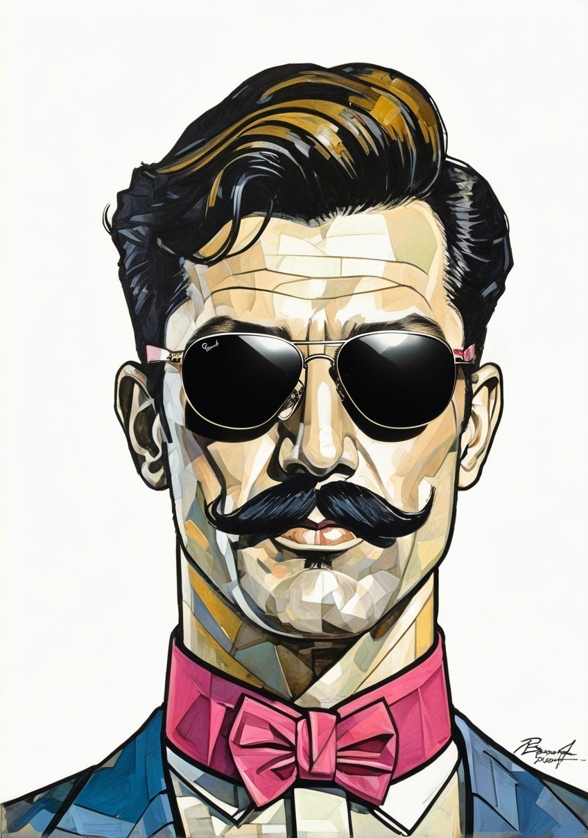 Stylized Portrait of a Man with Mustache and Bow Tie