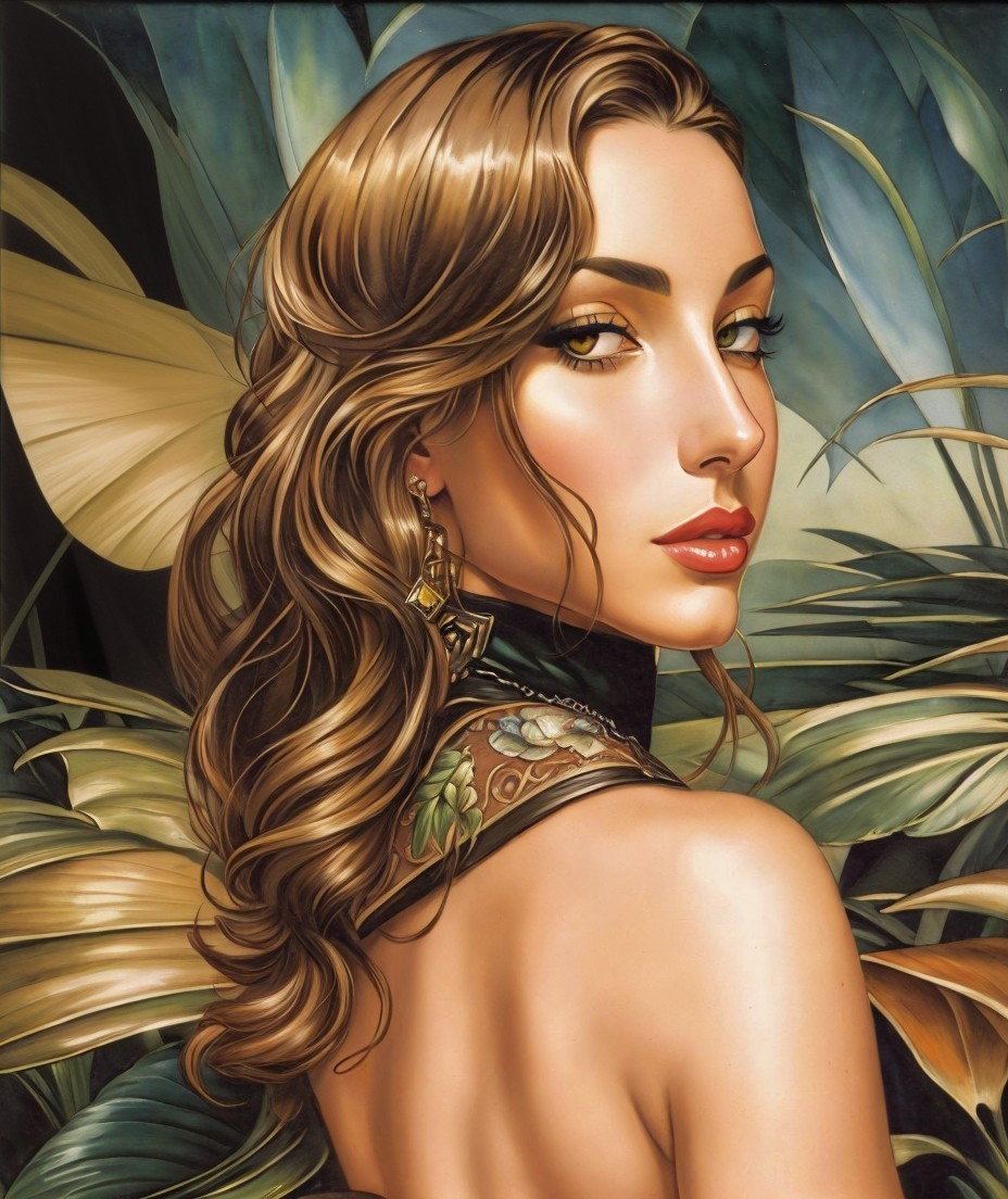 Elegant Portrait of a Woman with Tropical Backdrop
