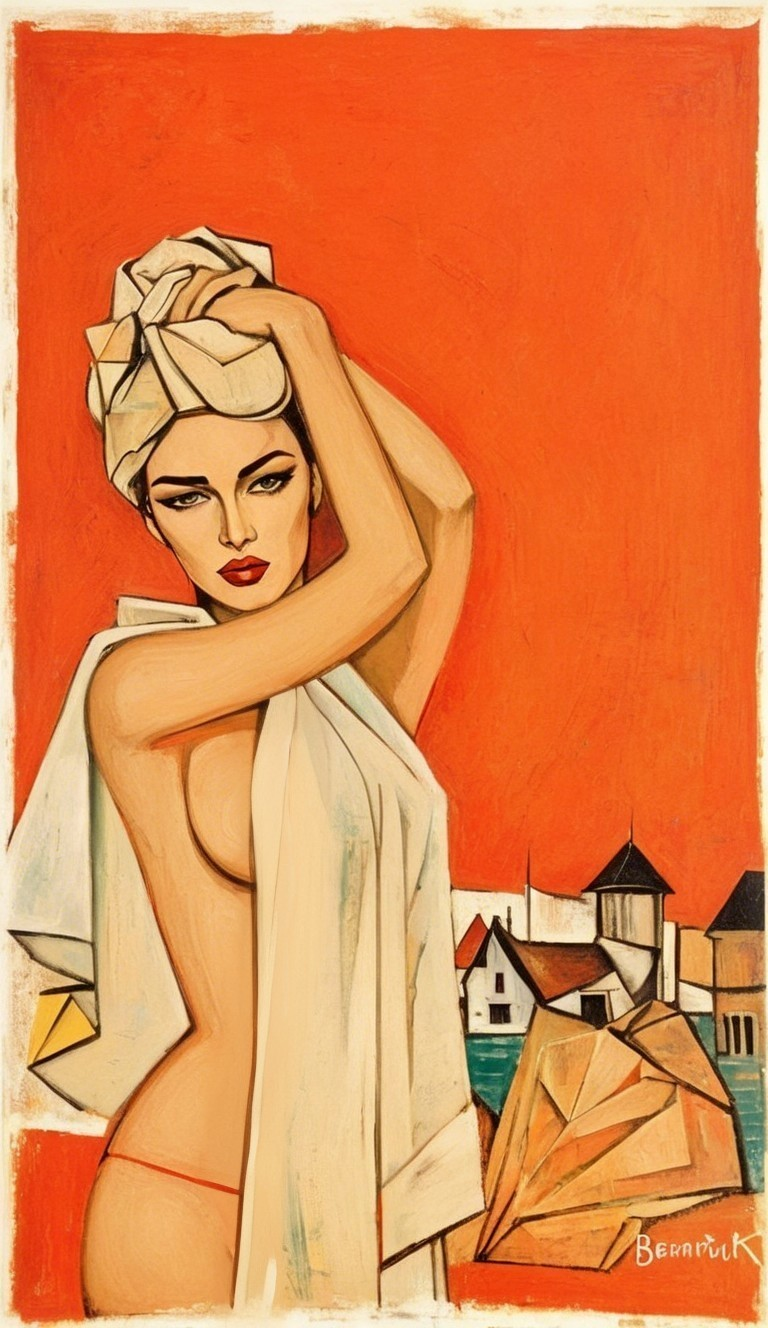 Glamorous Woman in Towel Against Orange Backdrop