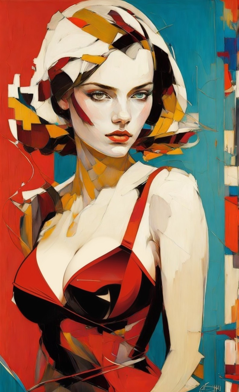 Abstract Artwork of Woman in Red Bikini with Patterns