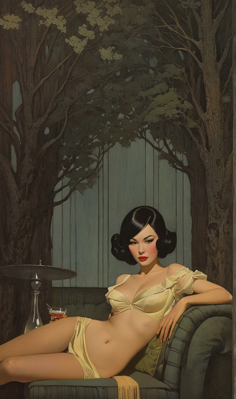 Glamorous Figure in Vintage Setting on Green Couch