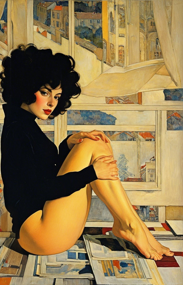 Young Woman Seated by Window with Urban Landscape